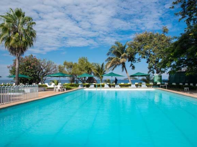 Sunbird Livingstonia Beach Hotel pool, Lake Malawi, Malawi and Zambia