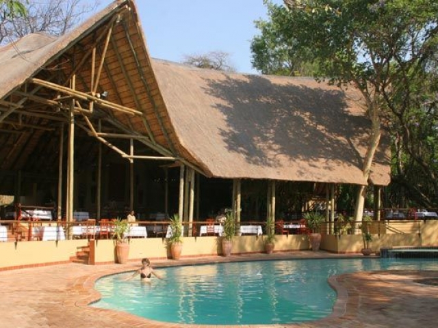 Chobe Safari Lodge restaurant and pool, Botswana and Zimbabwe