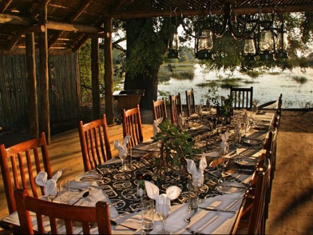 Moremi Crossing dining deck, Botswana and Zimbabwe