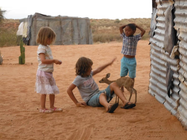 Rhian, Heather and Sharon saying hi to the steenbok, Om Jan's Farmstay, Kalahari