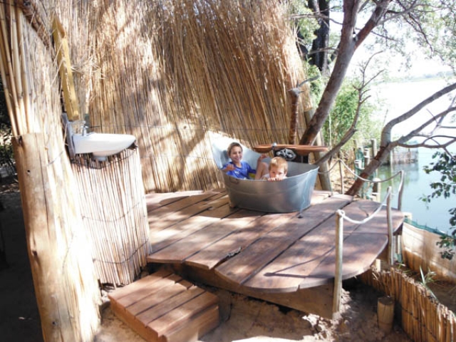 Funky fun accommodation - a bath with a view, Ngepi, Caprivi Strip, Namibia