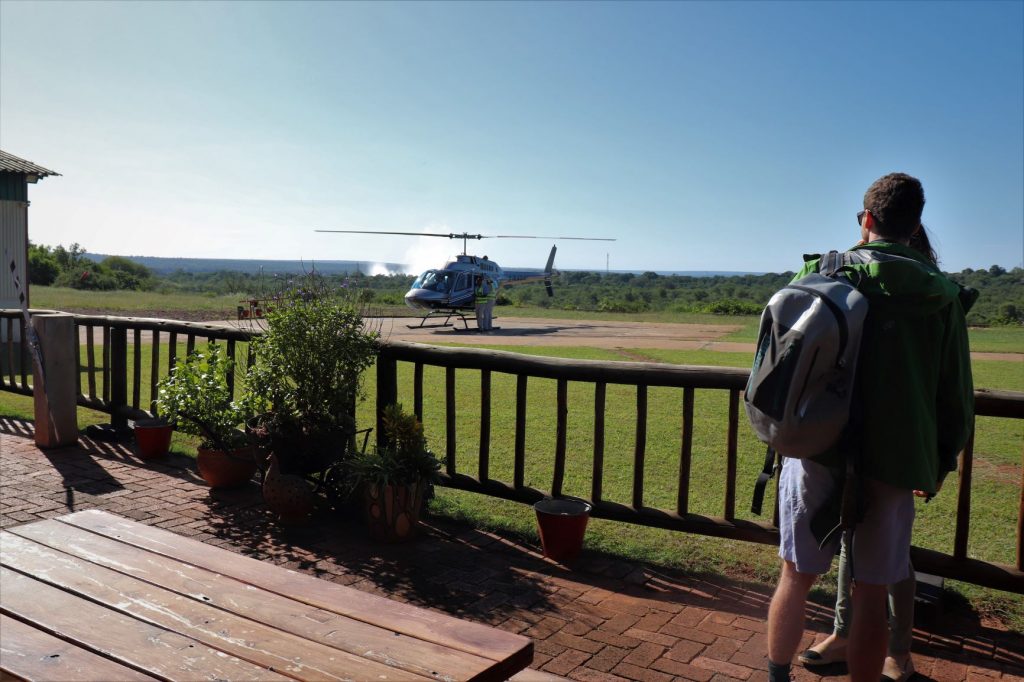 The flight of angels helicopter waiting for take off, Victoria Falls