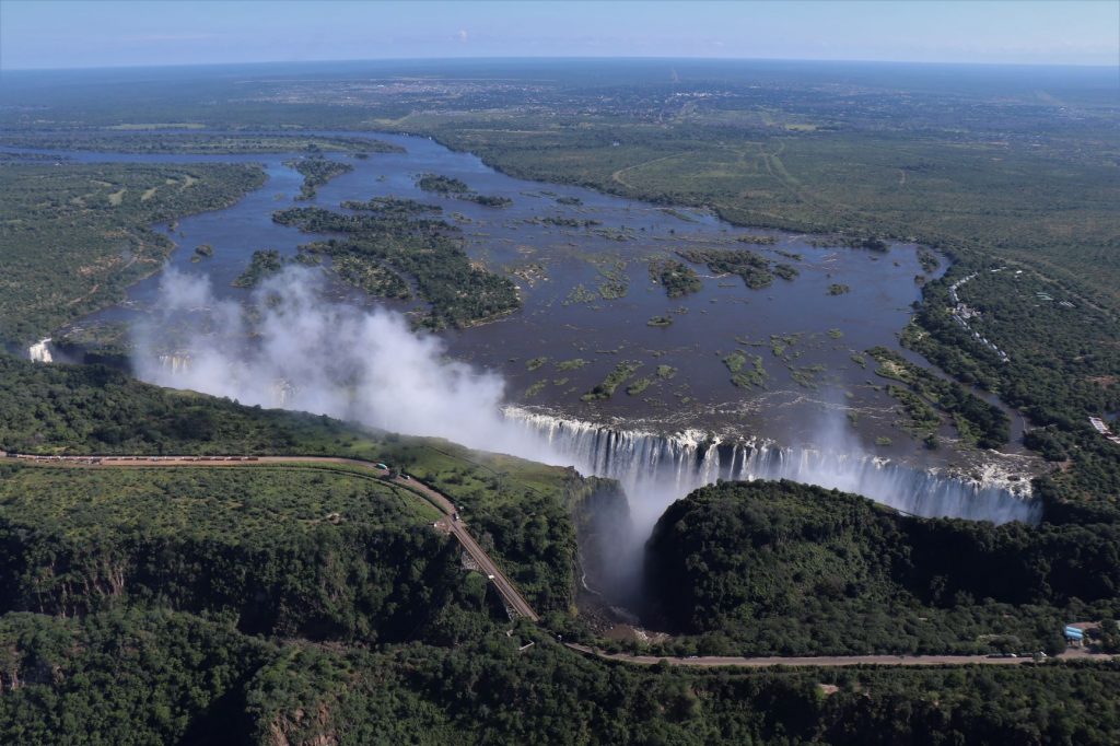 An aerial view of the water thundering over the Victoria Falls, Zimbabwe, Flight of Angels