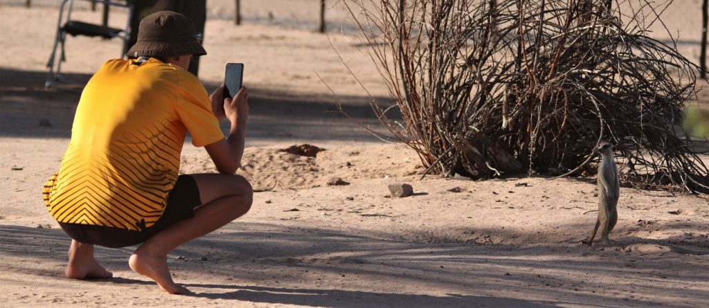 Rhian's borther Kai taking a photo of a visiting meerkat