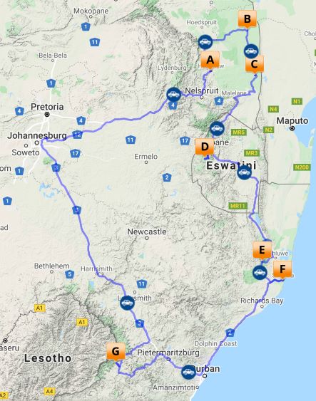 Mountains Wildlife and wetlands map, self drive South Africa