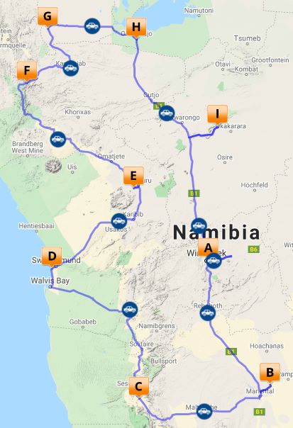 Self drive classic Namibia map