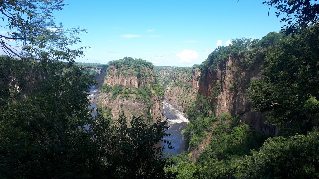 A view of the stunning Batoka Gorge cliffs faces through the trees