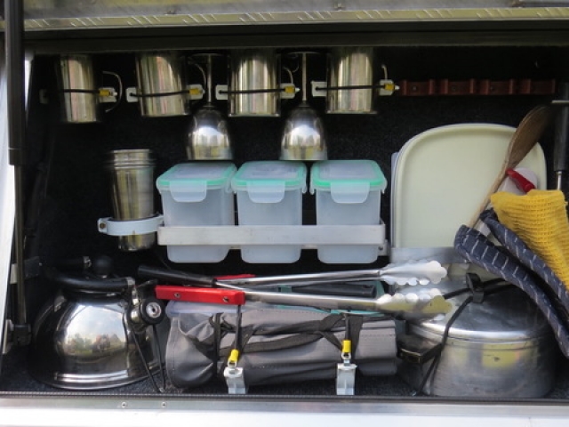 All the cooking and eating equipment needed to be self-sufficient on the road - fully equipped camping 4x4 vehicle.