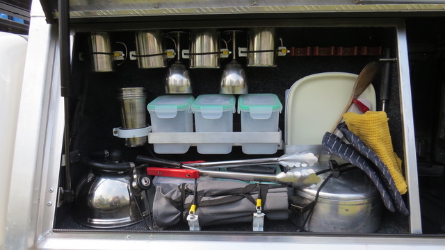 All the cooking and eating equipment needed to be self-sufficient on the road - fully equipped camping 4x4 vehicle.