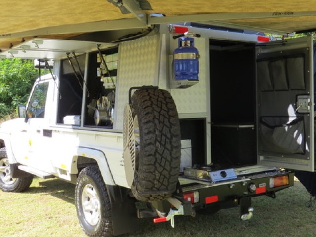 Bushcamper fully equipped camping 4x4 Landcruiser vehicle - plenty of storage space in the rear canopy.