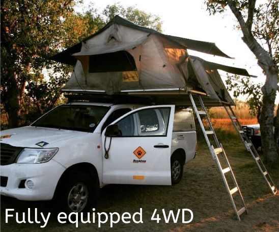 The words 'Fully equipped 4WD' set over an image of a fully equipped 4WD self drive vehicle with its roof top tent set up in Moremi Game Reserve, Botswana