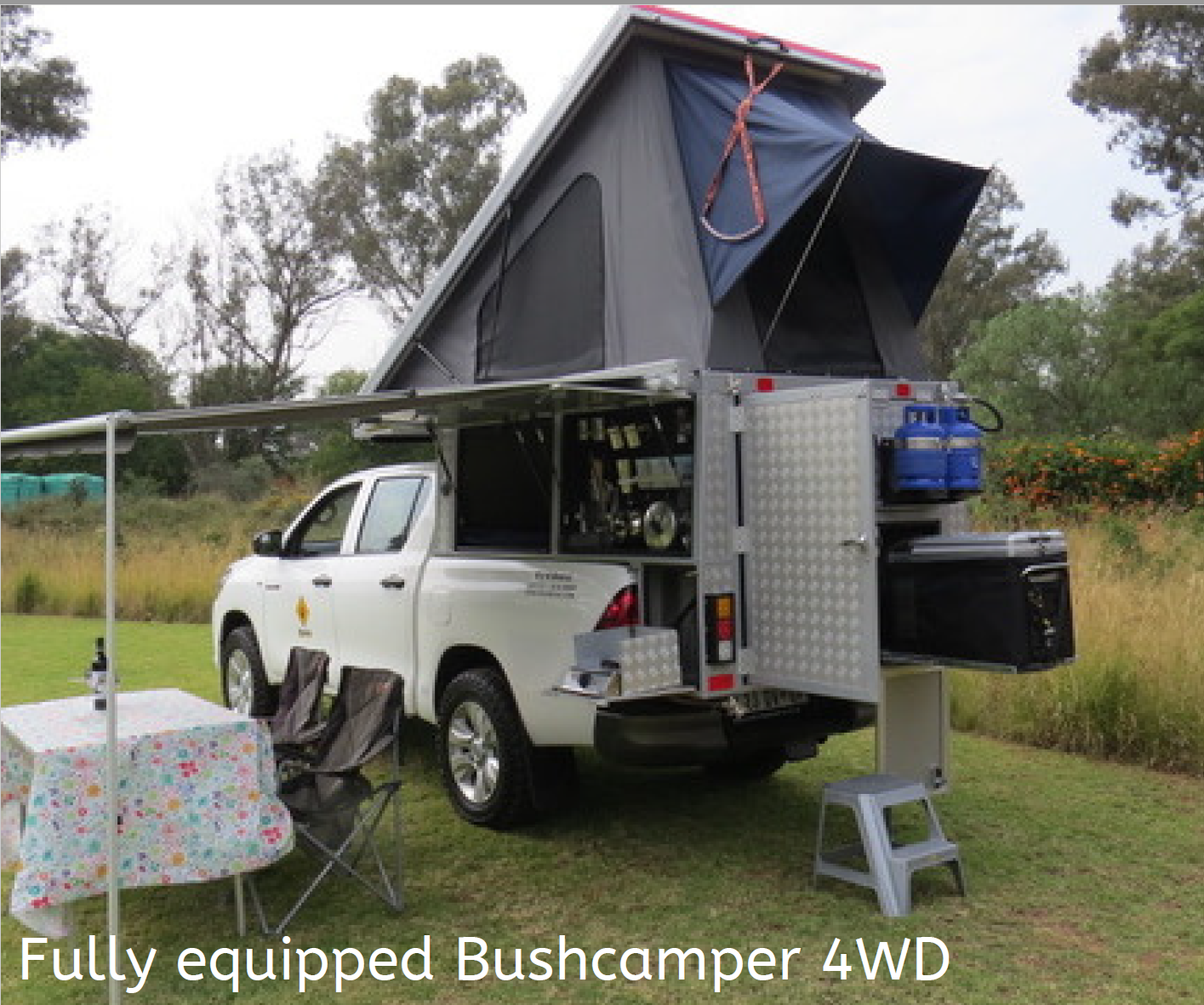 The words 'Fully equipped bushcamper 4WD' set over an image of a fully equipped bush camper all set up