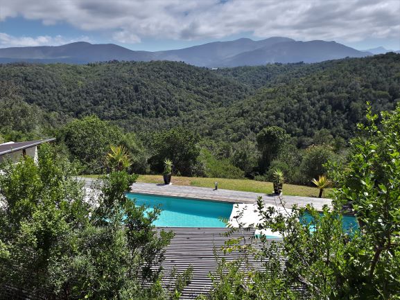 Hog Hollow Country Lodge's pool with the mountains of the Garden Route behind it, South Africa