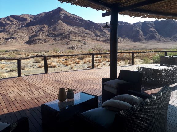 Hoodia Lodge deck looking on to the mountain of the Namib desert, Namibia - Southern Africa self-drive accommodation options