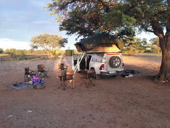 Our 4WD with roof top tent all set up at Rooiputs Campsite, Botswana