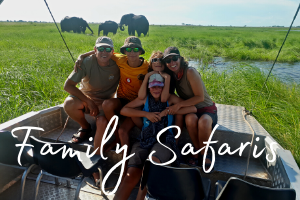 The words 'Family safaris' set over a photograph of our family with elephants in the background on the Chobe River, Botswana