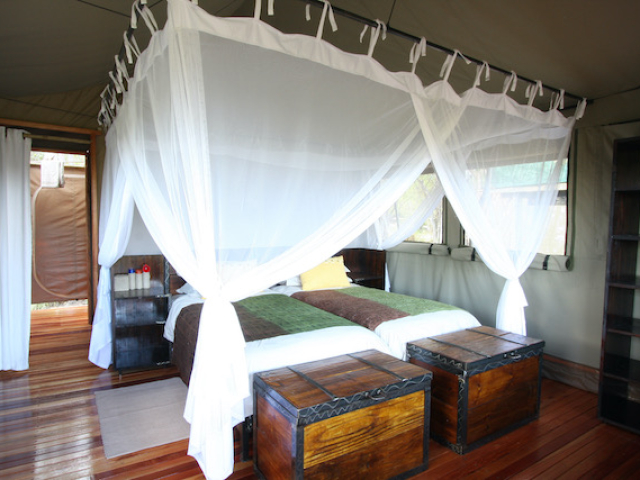 Sango Safari Camp, interior of room showing two single beds, Khwai, Moremi, Botswana