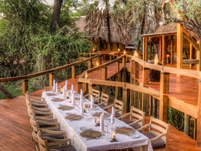 Camp Okavango, outdoor dining and decks, Okavango Delta, Botswana