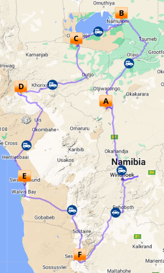 Self drive luxury Namibia map