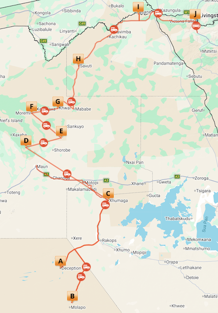 Complete Botswana Mobile Camping Safari Map